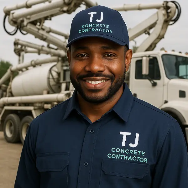 African American man from TJ Concrete Contractor in Irving, TX smiling at the camera with a cement truck behind him