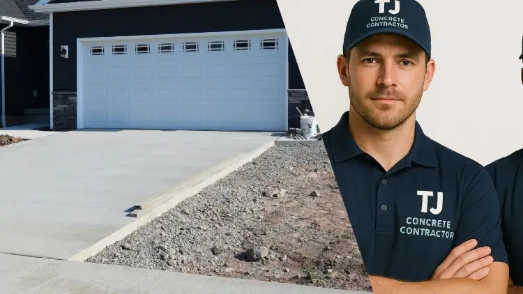 A male employee from TJ Concrete Contractor in Irving, TX wearing a blue navy uniform looking at the camera next to a concrete driveway