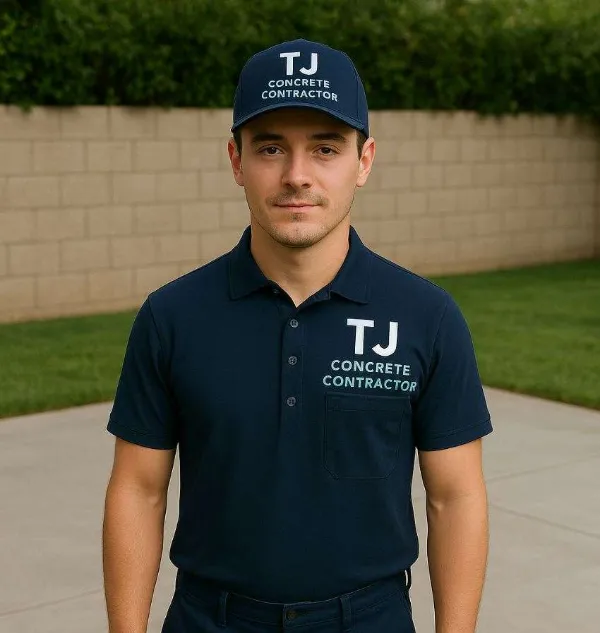 A white man from TJ Concrete Contractor in TX looking at the camera with a concrete patio behind him