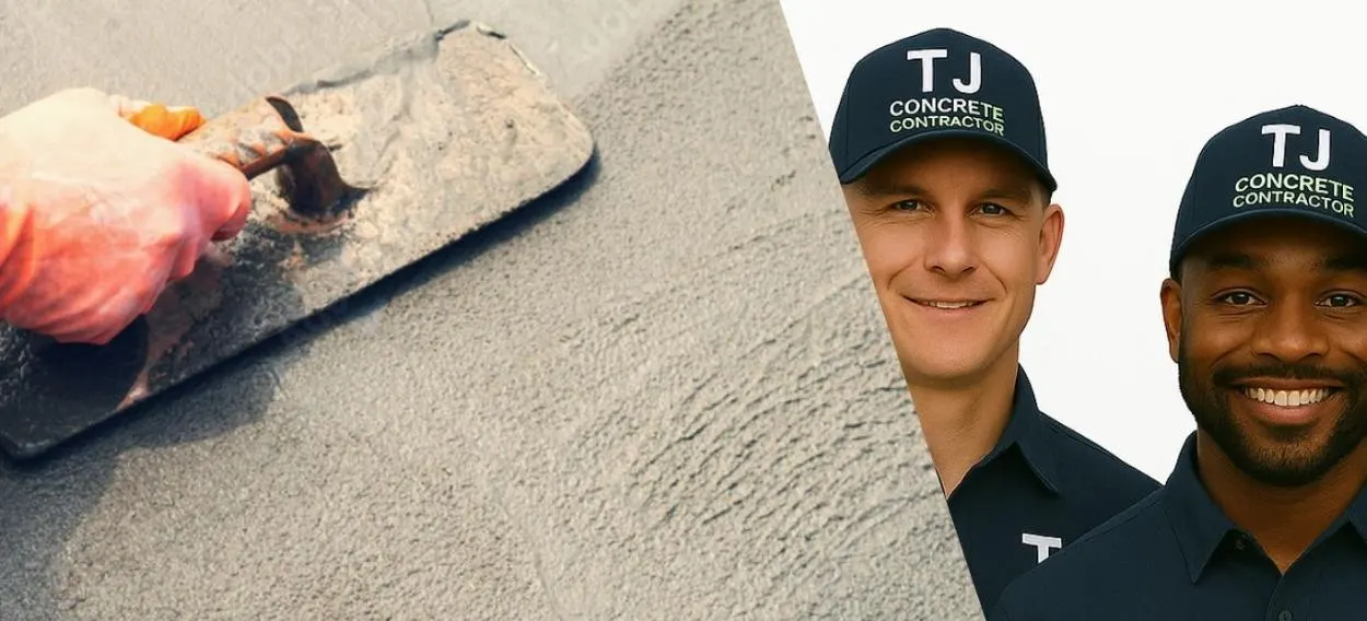 A white and a black men workers from TJ Concrete Contractor in  Texas wearing their uniform smiling at the camera and next to a concrete slab