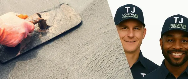 A white and a black men workers from TJ Concrete Contractor in  Texas wearing their uniform smiling at the camera and next to a concrete slab
