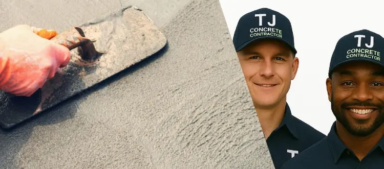 A white and a black men workers from TJ Concrete Contractor in  Texas wearing their uniform smiling at the camera and next to a concrete slab