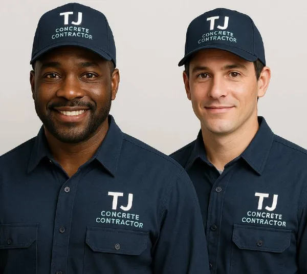 A white and a black male from TJ Concrete Contractor team in Cedar Park, TX wearing their uniform and looking at the camera