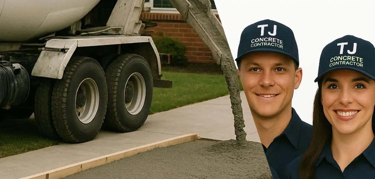 A male and female from TJ concrete contractor in Cedar Park, TX wearing their uniform smiling at the camera with a concrete slab next to them