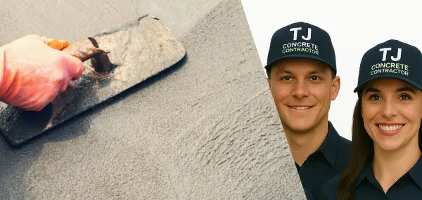 A male and female from TJ concrete contractor in Cedar Park, TX wearing their uniform smiling at the camera with a concrete slab next to them