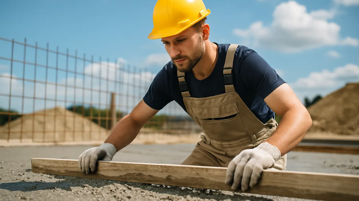 a male concrete worker spreading fresh cement on rebared ground from TJ Concrete Contractor in Dallas, TX - commercial concrete services
