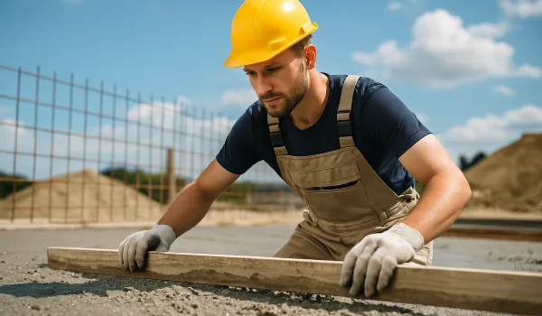 a male concrete worker spreading fresh cement on rebared ground from TJ Concrete Contractor in Dallas, TX - commercial concrete services