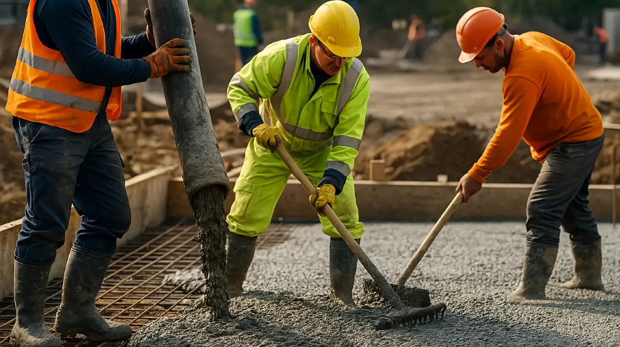 3 concrete contractors spreading concrete on the ground from TJ Concrete Contractor in Dallas, TX - Concrete Contractor 3 concrete contractors spreading concrete on the ground from TJ Concrete Contractor in Dallas, TX