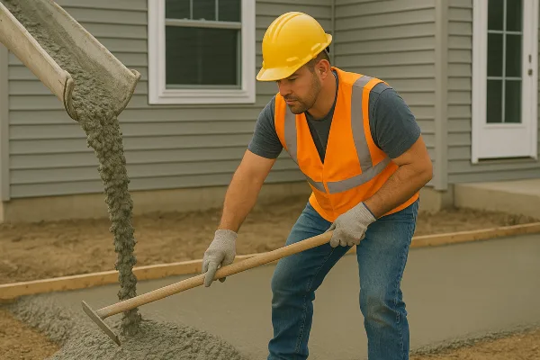 a man spreading the cement that a truck is pouring on the ground from TJ Concrete Contractor in Dallas, TX - concrete epoxy floor a man spreading the cement that a truck is pouring on the ground from TJ Concrete Contractor in Dallas, TX - concrete epoxy floor