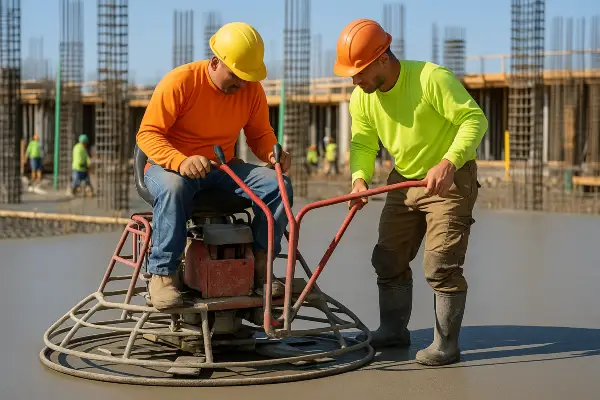 2 men using a machine to finish a concrete slab foundation from TJ Concrete Contractor in Dallas, TX - Concrete footing services