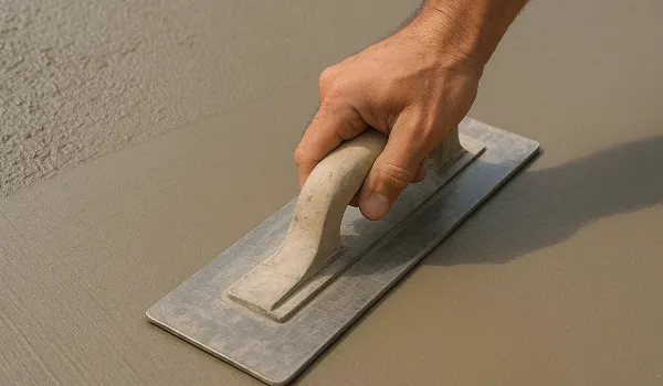 a hand trowel being used on a fresh cement slab to smooth it from TJ Concrete Contractor in Dallas, TX - Concrete Masonry