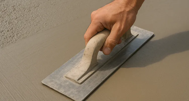 a hand trowel being used on a fresh cement slab to smooth it from TJ Concrete Contractor in Dallas, TX - Concrete Masonry