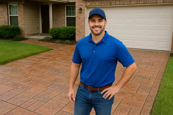 a concrete contractor smiling at the camera with stamped concrete behind him from TJ Concrete Contractor in Dallas, TX - concrete patio installers