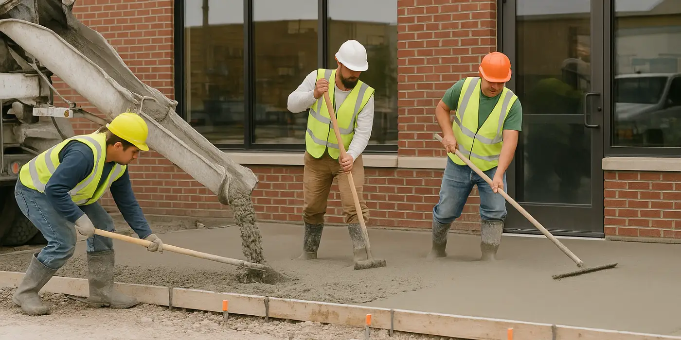 3 concrete contractors spreading concrete on the ground for a sidewalk from TJ Concrete Contractor in Dallas, TX - concrete repair