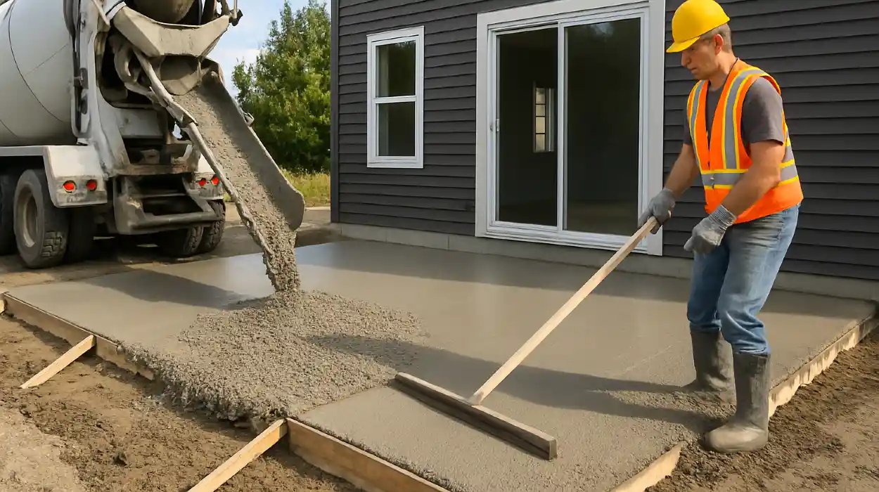 a man spreading the cement a truck is pouring to build a patio from TJ Concrete Contractor in Dallas, TX - concrete slab foundation