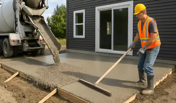 a man spreading the cement a truck is pouring to build a patio from TJ Concrete Contractor in Dallas, TX - concrete slab foundation