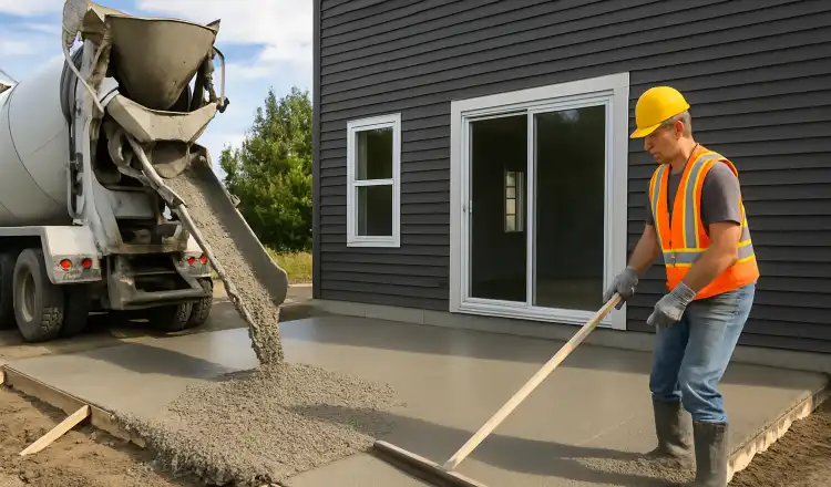 a man spreading the cement a truck is pouring to build a patio from TJ Concrete Contractor in Dallas, TX - concrete slab foundation