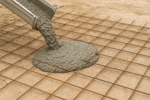 a cement truck pouring cement on a rebared ground from TJ Concrete Contractor in Dallas, TX - concrete slab foundation