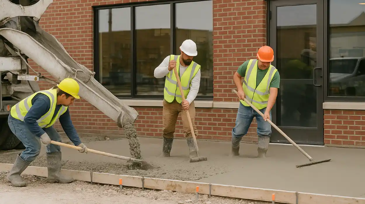 3 concrete contractors spreading concrete on the ground for a sidewalk from TJ Concrete Contractor in Dallas, TX - Concrete walkways