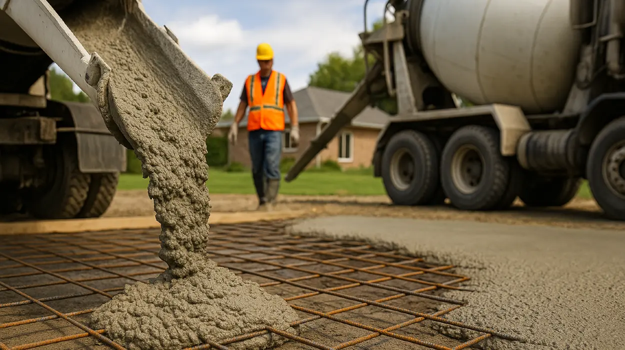 Cement truck pouring cement on a rebared ground from TJ Concrete Contractor in Dallas, TX - contractor foundation repair