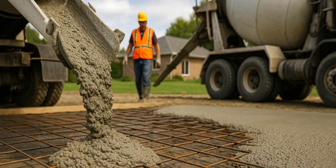 Cement truck pouring cement on a rebared ground from TJ Concrete Contractor in Dallas, TX - contractor foundation repair