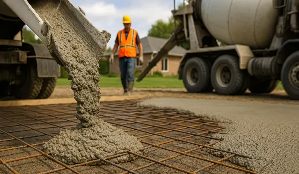 Cement truck pouring cement on a rebared ground from TJ Concrete Contractor in Dallas, TX - contractor foundation repair