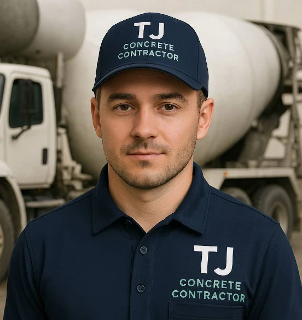 White male from TJ Concrete Contractor in Houston, TX looking at the camera with a cement truck behind him