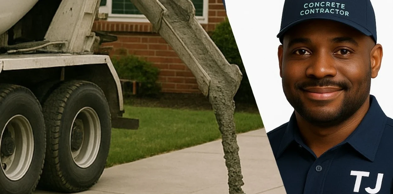 African American concrete contractor in Houston, TX in uniform smiling at the camera with a cement truck next to him pouring concrete