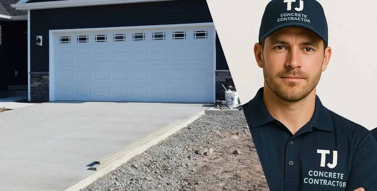 A male employee from TJ Concrete Contractor in Irving, TX wearing a blue navy uniform looking at the camera next to a concrete driveway
