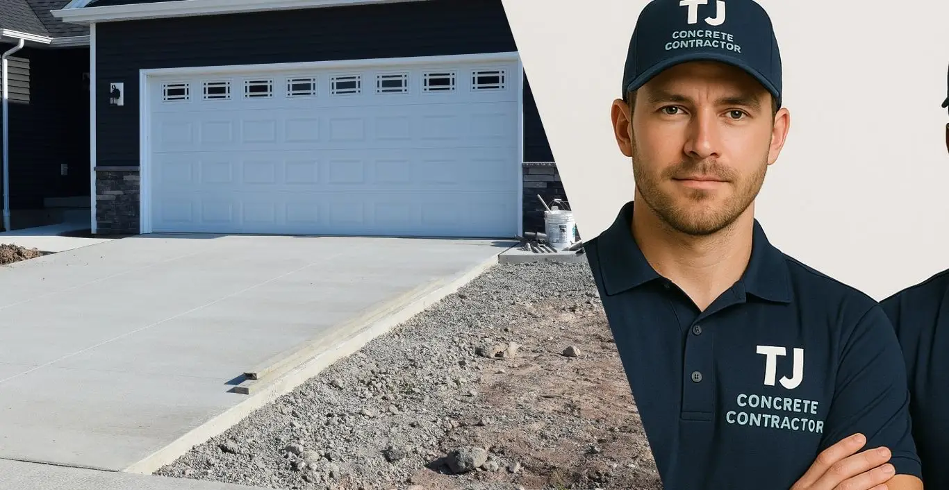 A male employee from TJ Concrete Contractor in Irving, TX wearing a blue navy uniform looking at the camera next to a concrete driveway