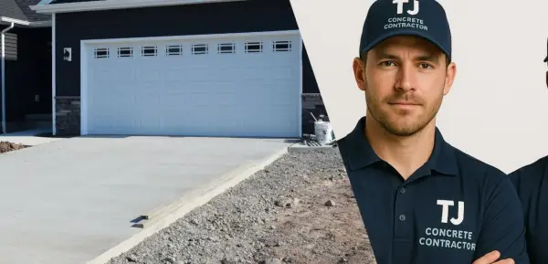 A male employee from TJ Concrete Contractor in Irving, TX wearing a blue navy uniform looking at the camera next to a concrete driveway