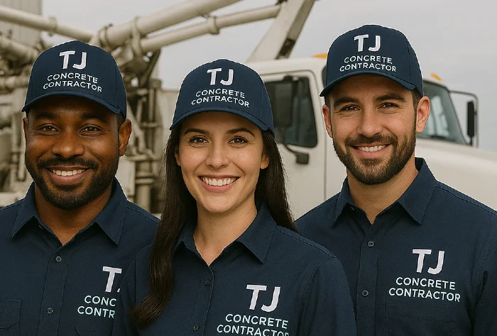 Three workers from TJ Concrete Contractor team in Leander, TX smiling at the camera
