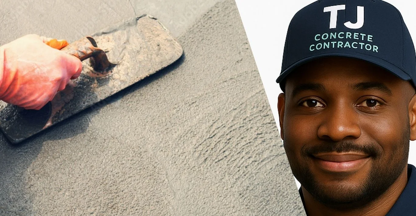 A black man from TJ Concrete Contractor in Leander, TX smiling at the camera with a slab of cement next to him