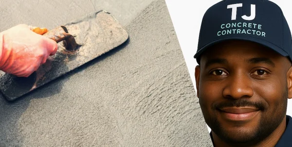 A black man from TJ Concrete Contractor in Leander, TX smiling at the camera with a slab of cement next to him