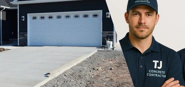 A Male worker from TJ Concrete Contractor in New Braunfels, TX wearing his uniform looking at the camera with a concrete driveway next to him