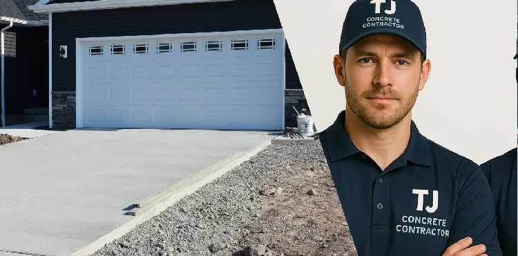 A Male worker from TJ Concrete Contractor in New Braunfels, TX wearing his uniform looking at the camera with a concrete driveway next to him