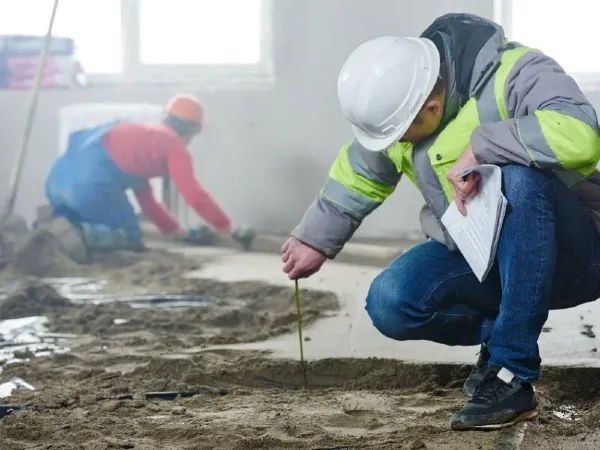 A male worker from TJ Concrete Contractor in Richardson, TX measuring the floor and another worker in the background