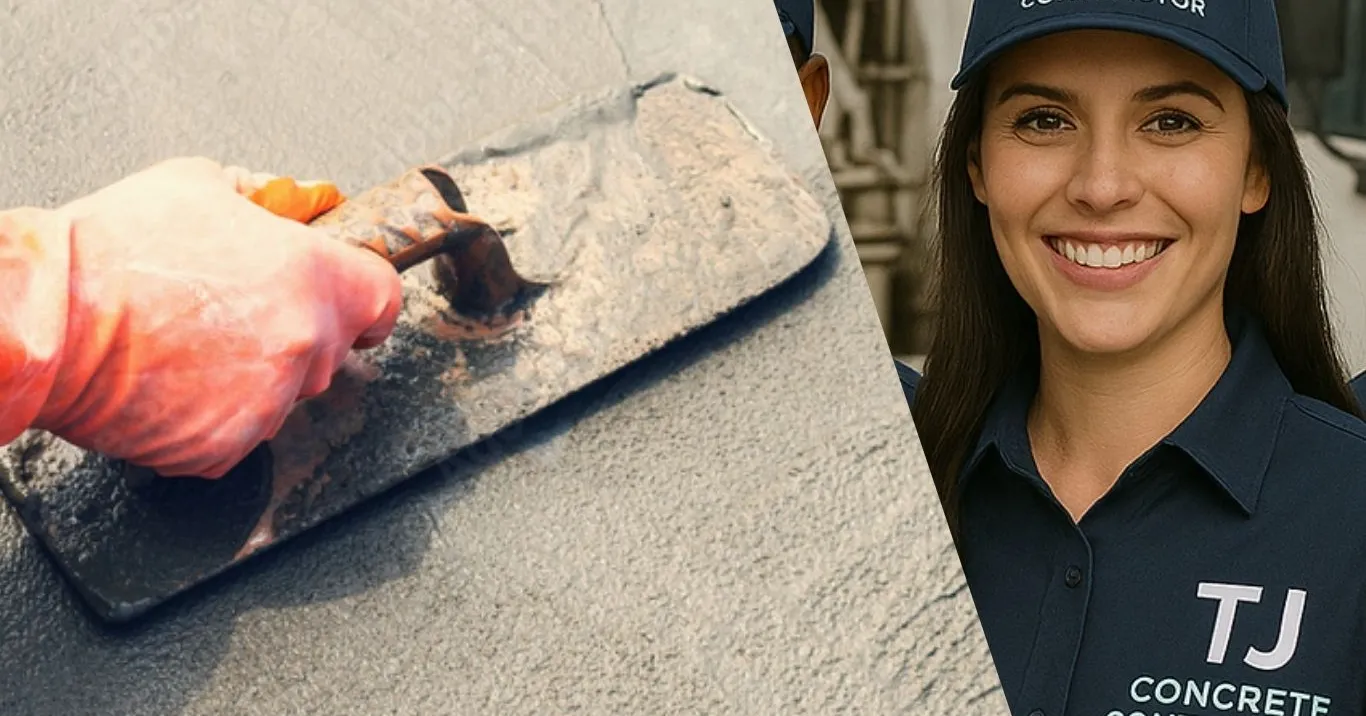 Female worker from TJ Concrete Contractor in Richardson, TX wearing her uniform and smiling at the camera with a concrete slab next to her