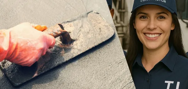 Female worker from TJ Concrete Contractor in Richardson, TX wearing her uniform and smiling at the camera with a concrete slab next to her