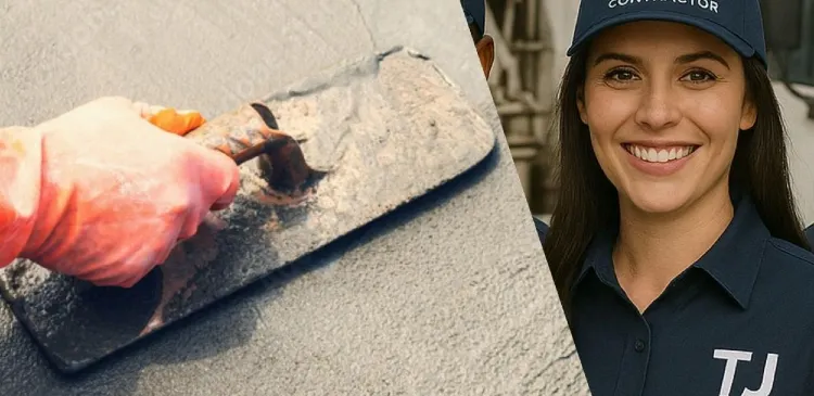 Female worker from TJ Concrete Contractor in Richardson, TX wearing her uniform and smiling at the camera with a concrete slab next to her