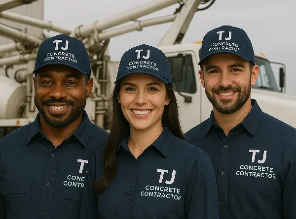 2 males and 1 female workers from TJ Concrete Contractor team in Round Rock, TX wearing their uniform and smiling at the camera