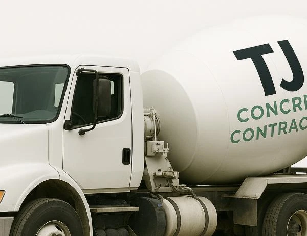 A white concrete truck in Round Rock, TX with the logo of TJ Concrete Contractor