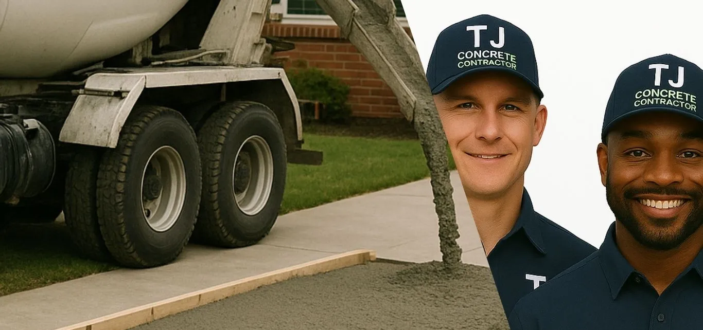 2 concrete contractors from TJ Concrete Contractor company in Round Rock, TX smiling at the camera with a cement truck next to them and pouring concrete