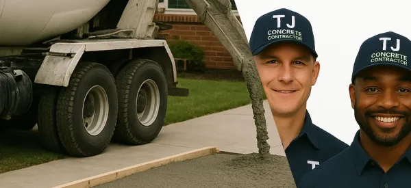 2 concrete contractors from TJ Concrete Contractor company in Round Rock, TX smiling at the camera with a cement truck next to them and pouring concrete