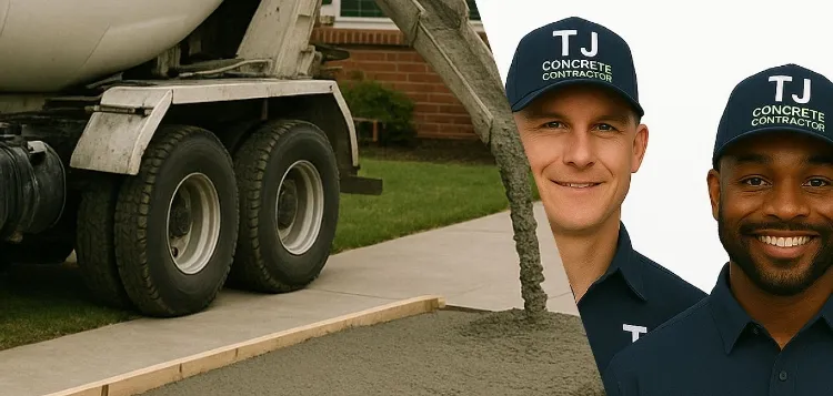 2 concrete contractors from TJ Concrete Contractor company in Round Rock, TX smiling at the camera with a cement truck next to them and pouring concrete