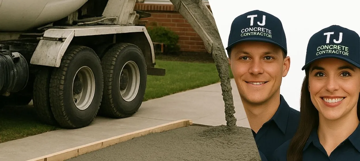 A male and a female workers from TJ Concrete Contractor in San Antonio, TX smiling at the camera with a cement truck next to them and pouring concrete