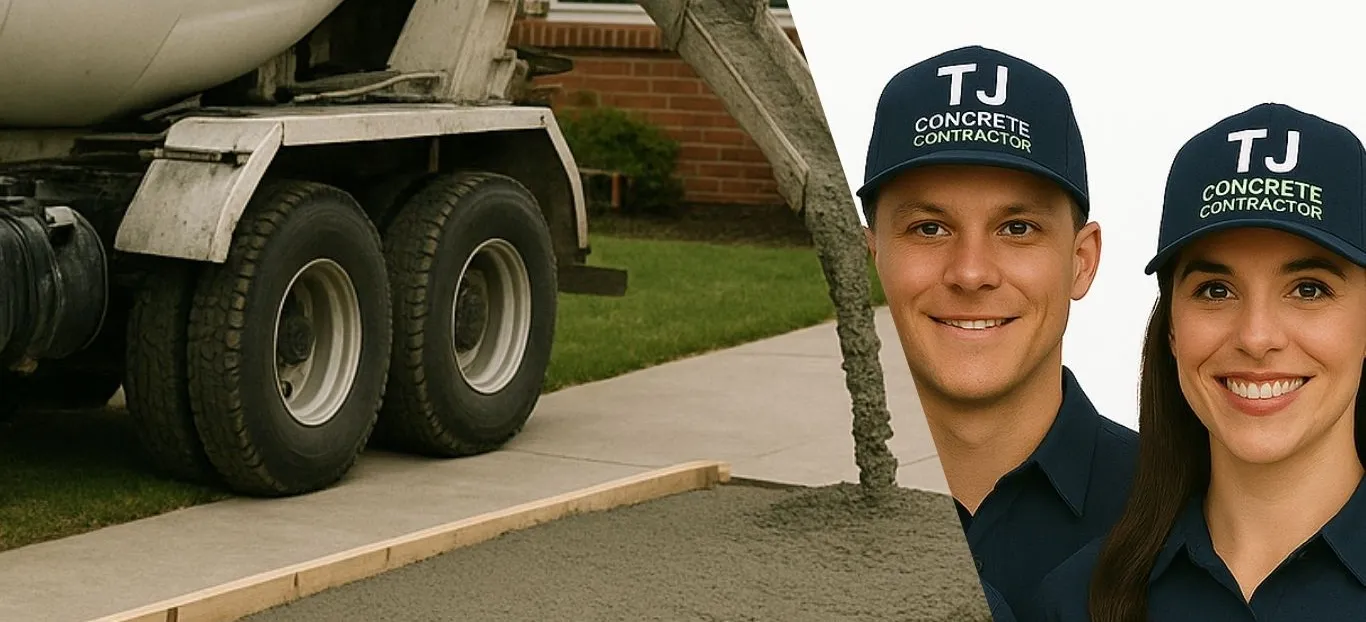 A male and a female workers from TJ Concrete Contractor in San Antonio, TX smiling at the camera with a cement truck next to them and pouring concrete