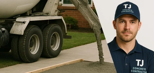 A male worker from TJ Concrete Contractor in TX wearing his uniform and smiling at the camera with a concrete truck next to him