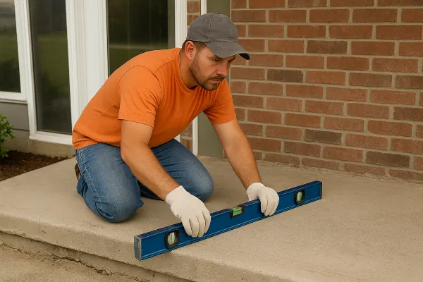 a male worker leveling a concrete slab porch from TJ Concrete Contractor in Dallas, TX - Sidewalk repair