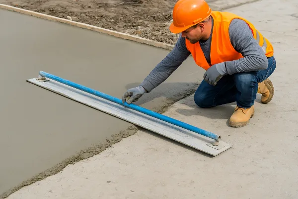 a male worker smoothing a fresh concrete slab from TJ Concrete Contractor in Dallas, TX - stamped concrete driveway